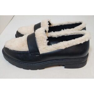 Just Fab JF Leli Sherpa Black Faux Leather Platform Penny Loafers Women's Size 7